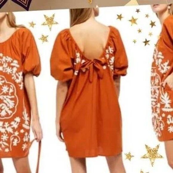 Free People Mini Dress Women Size M Rust Embroidered Puff Sleeve Open Back Boho - Picture 3 of 8